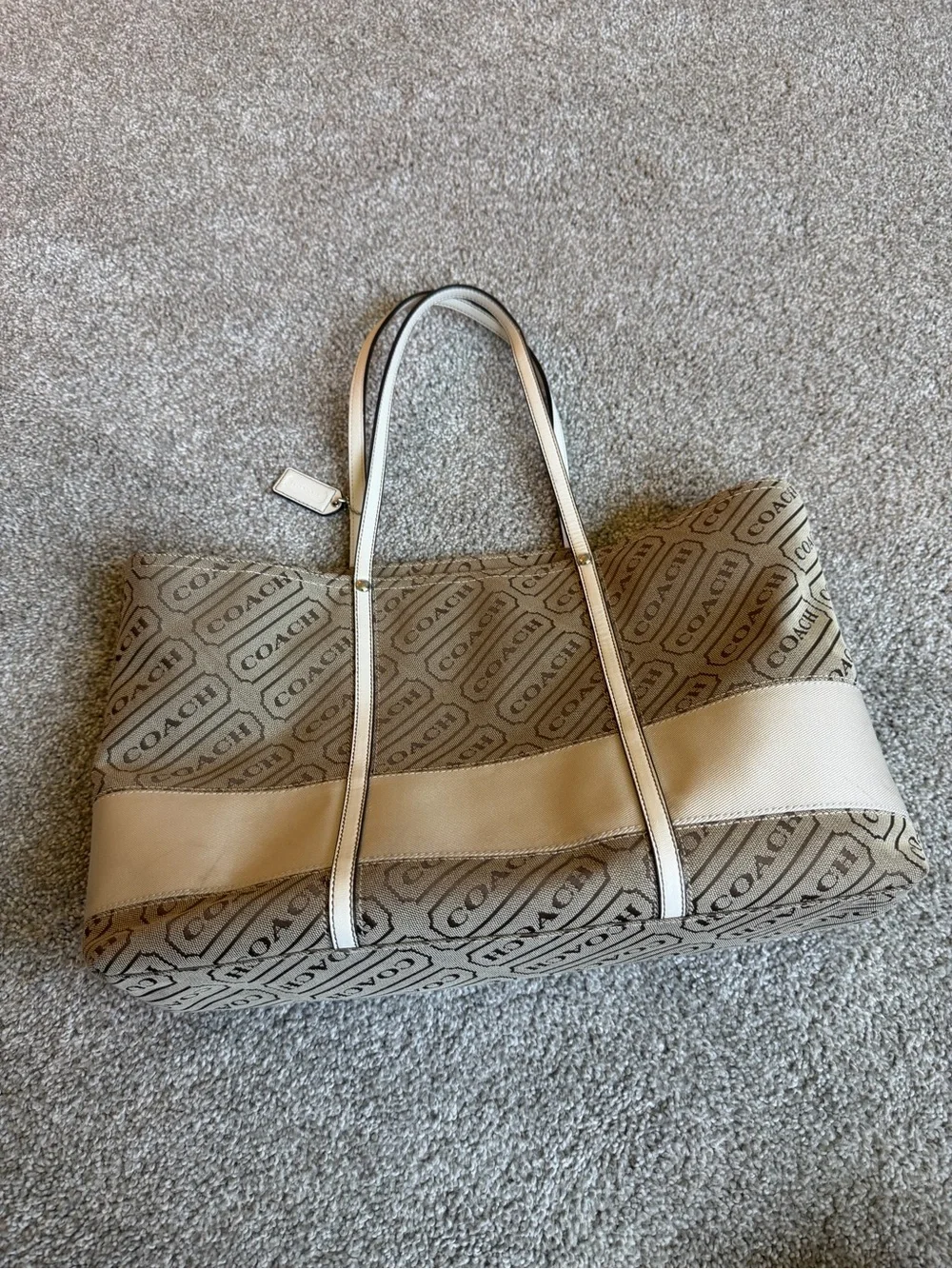 Coach Beige Signature Logo Tote with White Trim